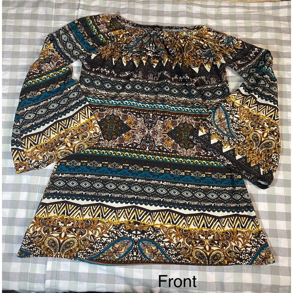 Women's Blouse Tunic Brown Teal Gold Bell Sleeve Style